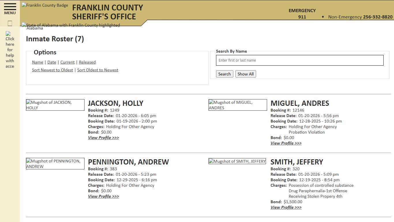 Inmate Roster - Released Inmates Booking Date Descending - Franklin County AL Sheriff's Office
