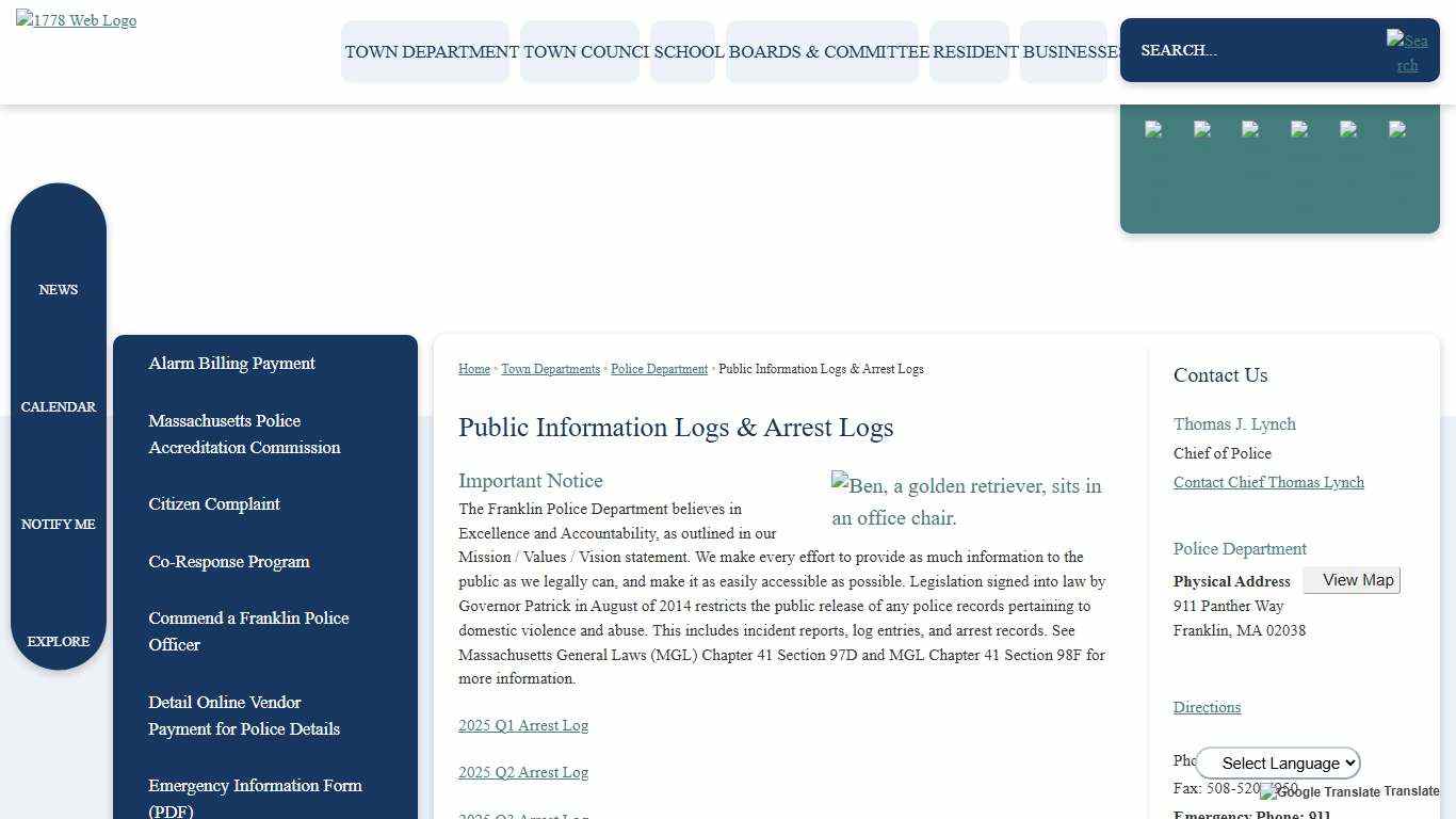 Public Information Logs & Arrest Logs | Franklin, MA